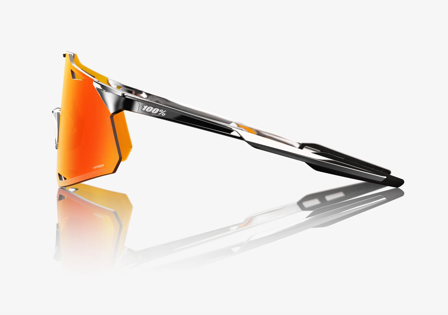 100% Hypercraft black chrome sunglasses with HiPER red mirror lens for professional cycling and outdoor performance