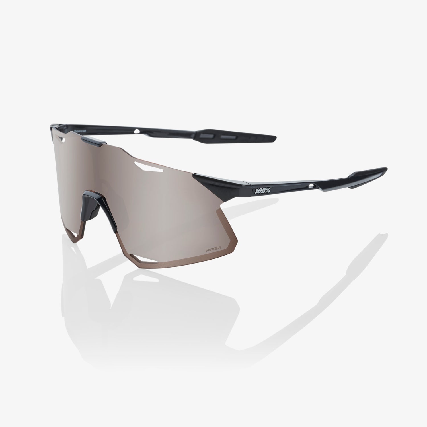 100% Hypercraft Gloss Black Sunglasses with HiPER Silver Mirror Lens offering UV protection and high-contrast clarity for cycling performance