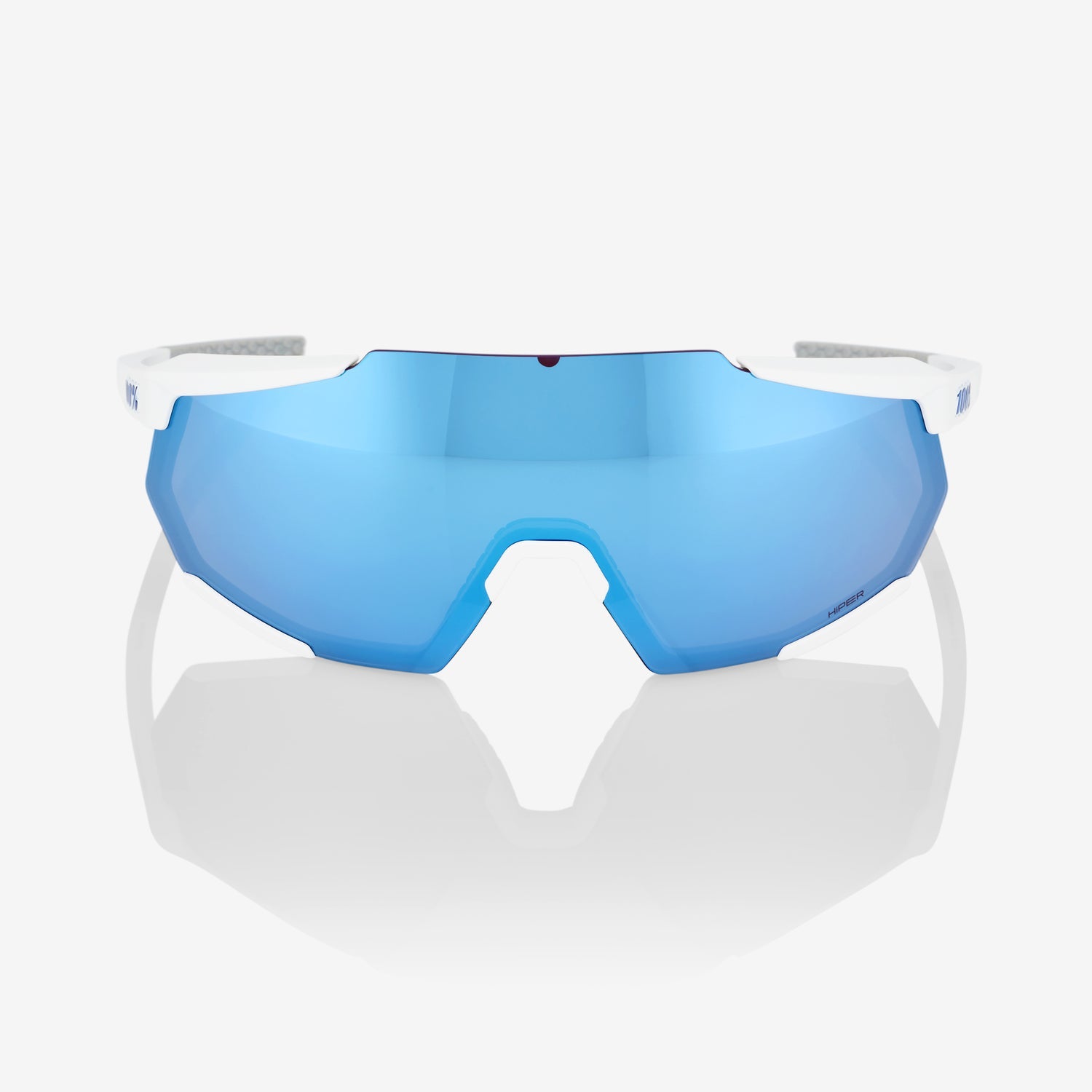 100% Racetrap 3.0 Matte White Sunglasses with HiPER Blue Multilayer Mirror Lens providing UV protection and enhanced contrast for cycling
