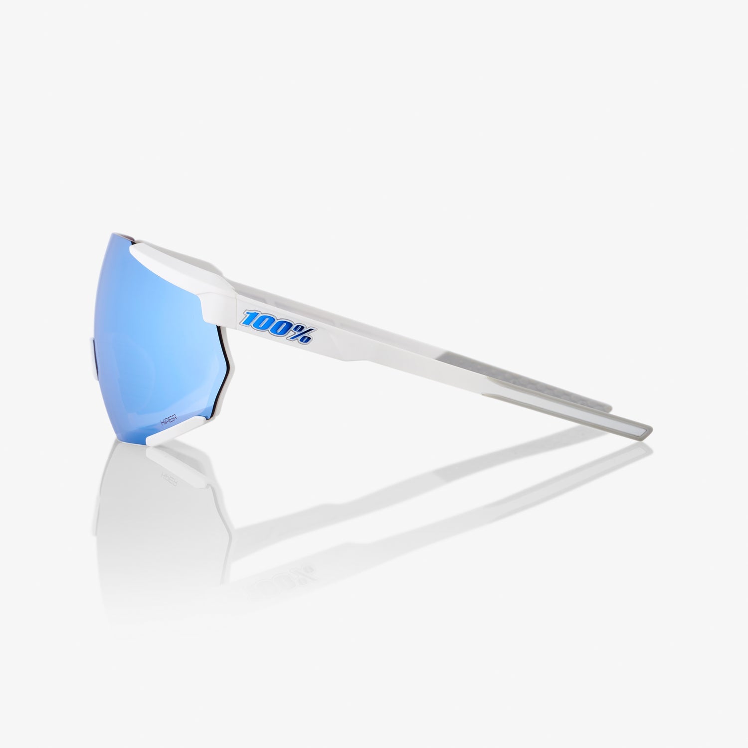 100% Racetrap 3.0 Matte White Sunglasses with HiPER Blue Multilayer Mirror Lens providing UV protection and enhanced contrast for cycling