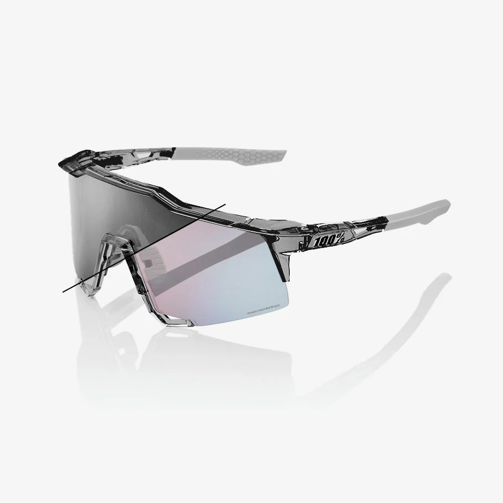 100% Speedcraft polished translucent grey sunglasses with rose gold photochromic mirror lens for cycling performance