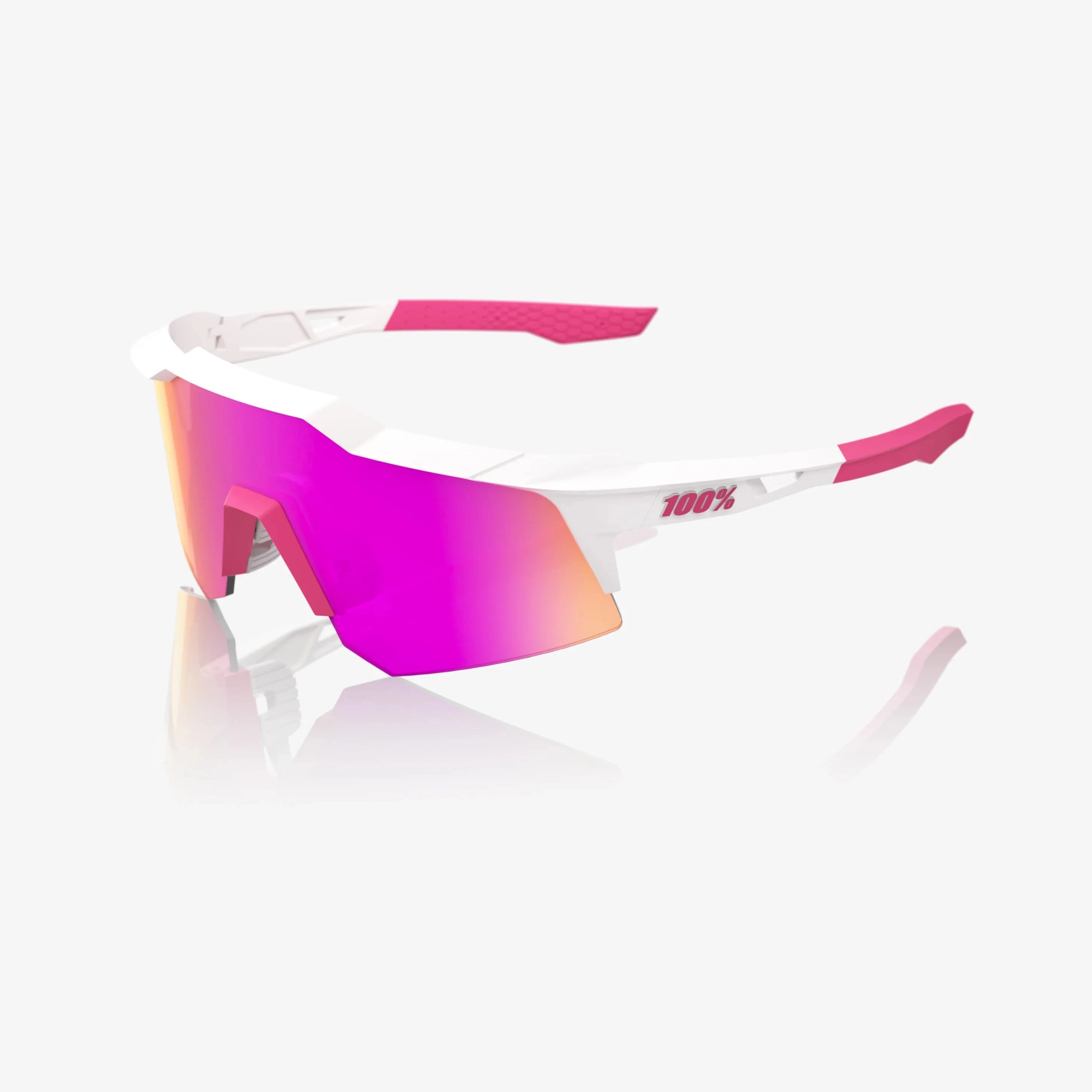 100% Speedcraft XS matte white sunglasses with HiPER Vital Pink Mirror lens for cycling and outdoor performance