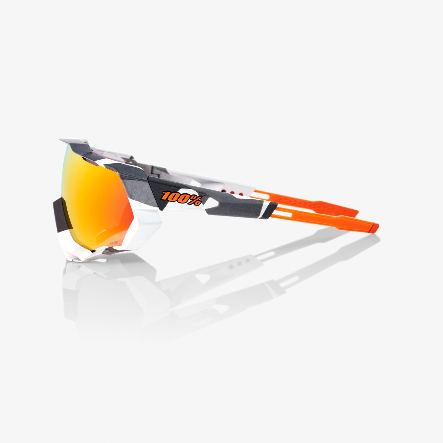 100% Speedtrap Soft Tact Grey Camo Sunglasses with HiPER Red Multilayer Mirror Lens providing UV protection and sharp vision