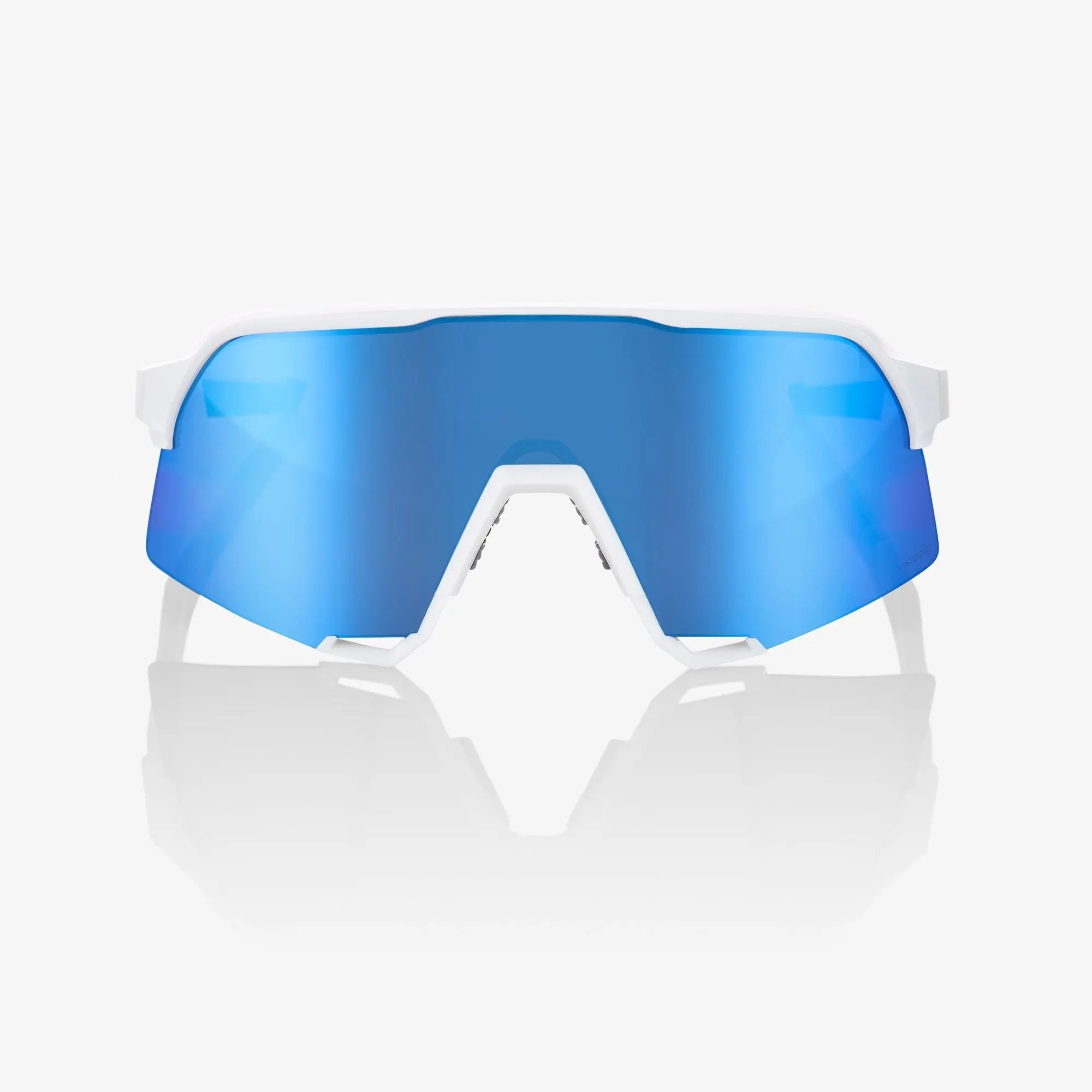 100% S3 Matte White cycling sunglasses with Blue Multilayer Mirror lens