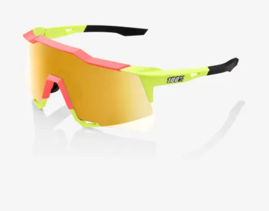100% Speedcraft matte washed out neon yellow sunglasses flash gold mirror lens high performance cycling eyewear