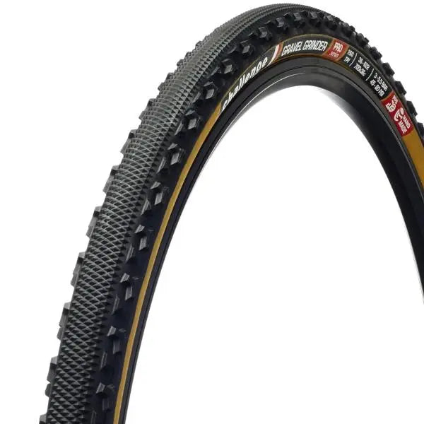 Challenge Gravel Grinder Pro clincher tire 700x36 handmade gravel bike tire with fast rolling center tread and grippy shoulder knobs