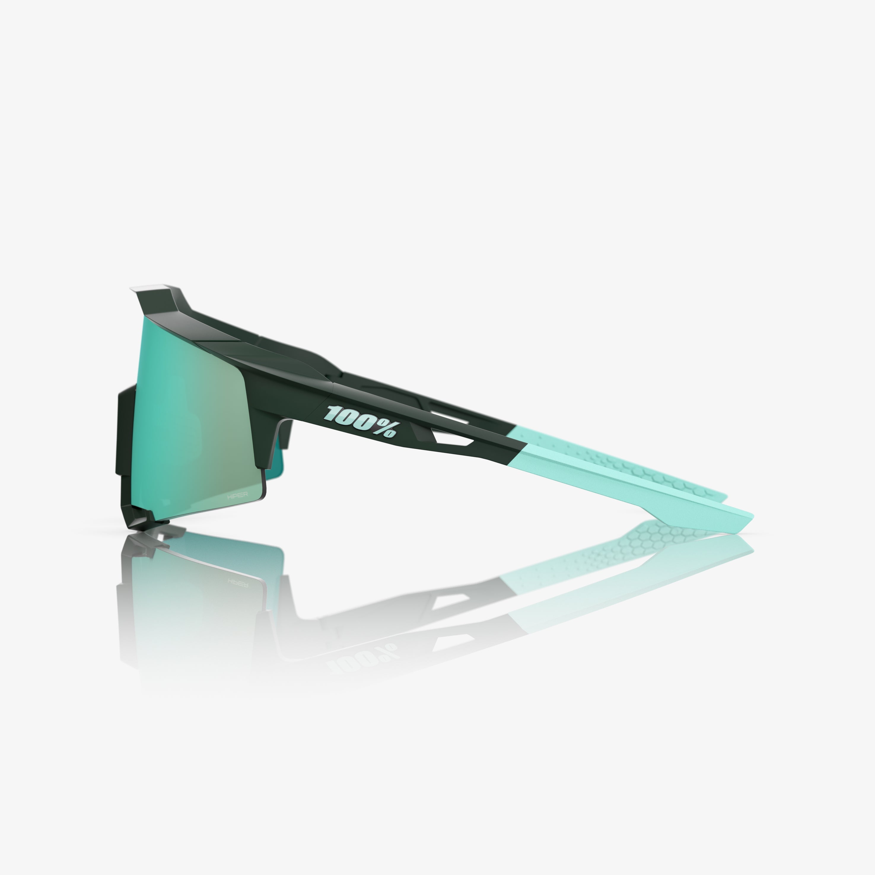 “100% Speedcraft cycling sunglasses with HiPER Mint mirror lens – Soft Tact Juniper performance eyewear”