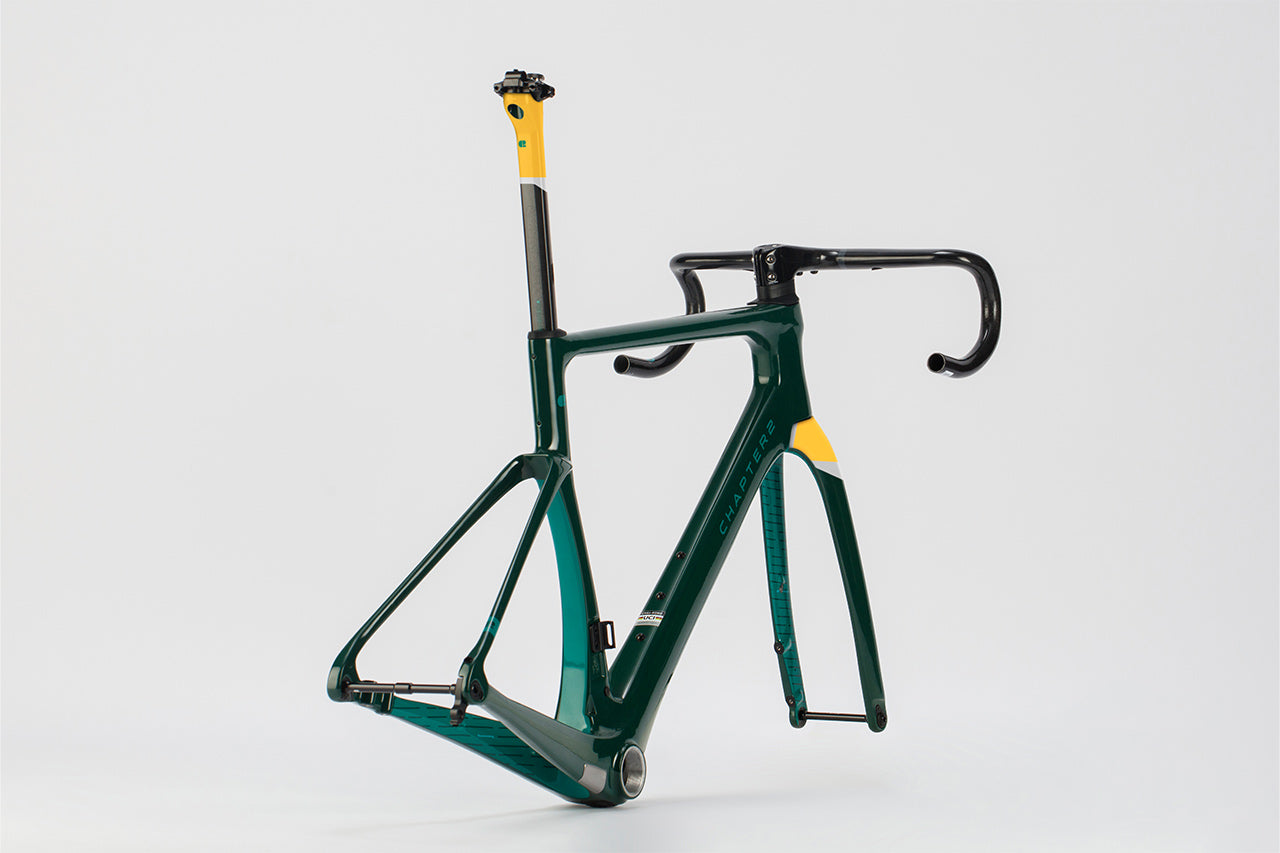 Chapter2 KOKO Aero Disc Brake Frameset BRG and Yellow with Silver accents lightweight carbon design for speed and control