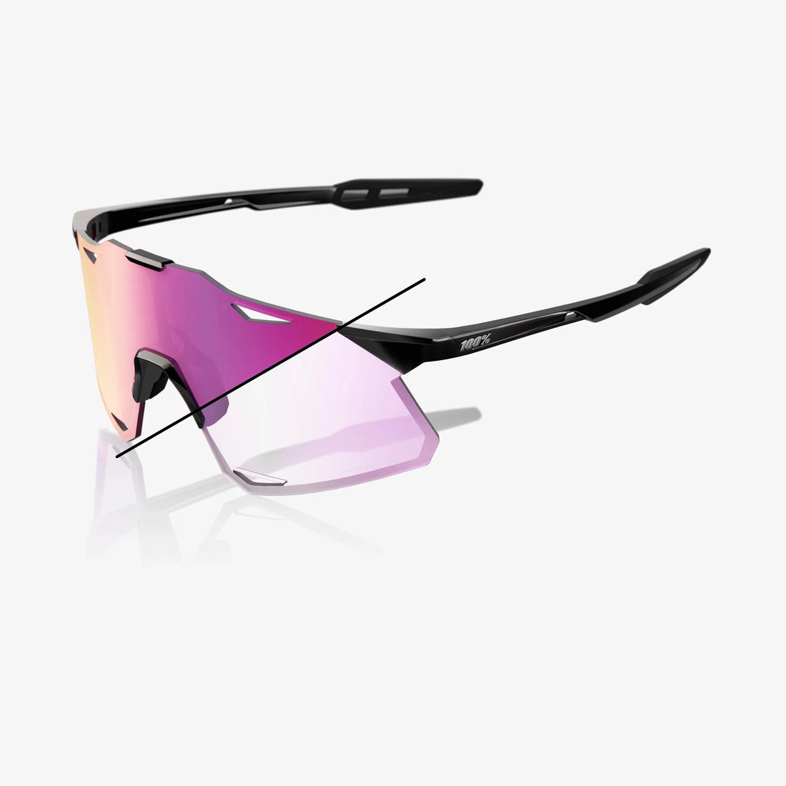 100% Hypercraft gloss black sunglasses with purple mirror photochromic lens for adaptive cycling performance