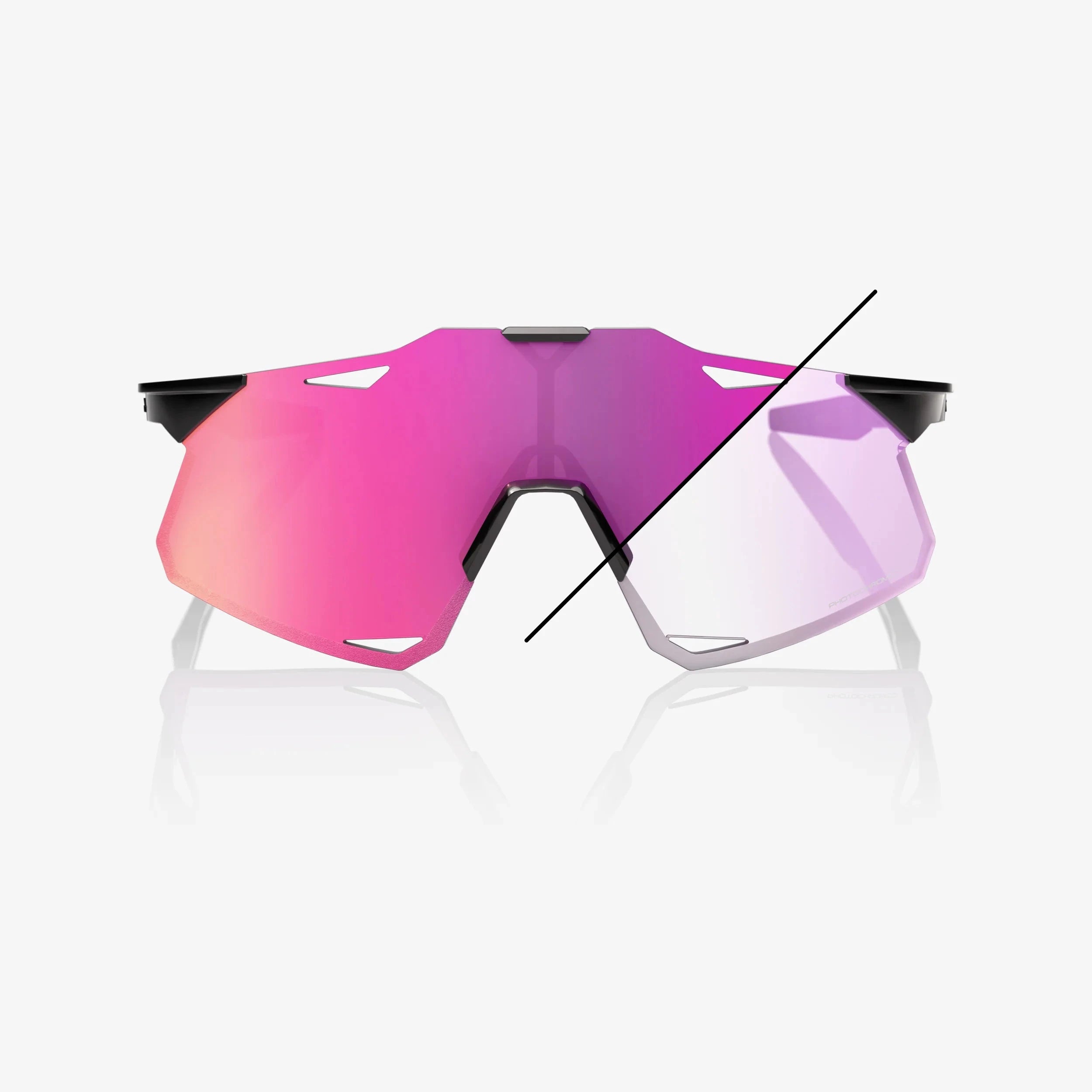 100% Hypercraft gloss black sunglasses with purple mirror photochromic lens for adaptive cycling performance