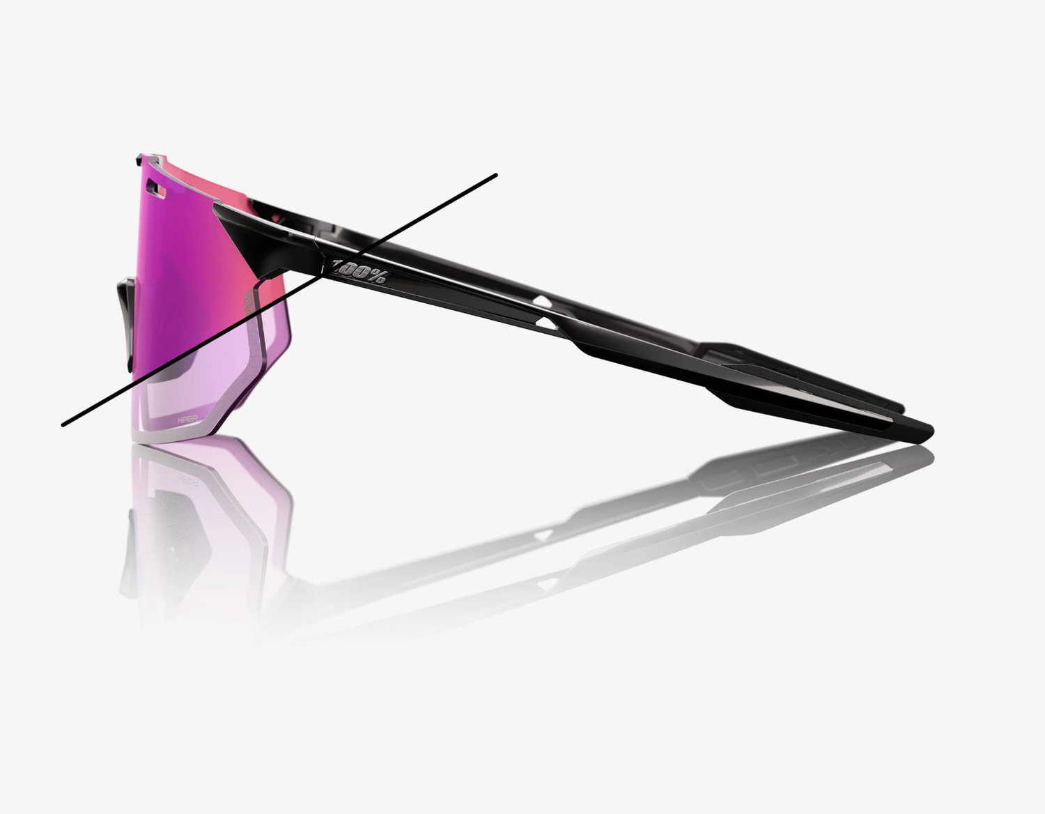100% Hypercraft SQ gloss black sunglasses with purple mirror photochromic lens for adaptive cycling performance