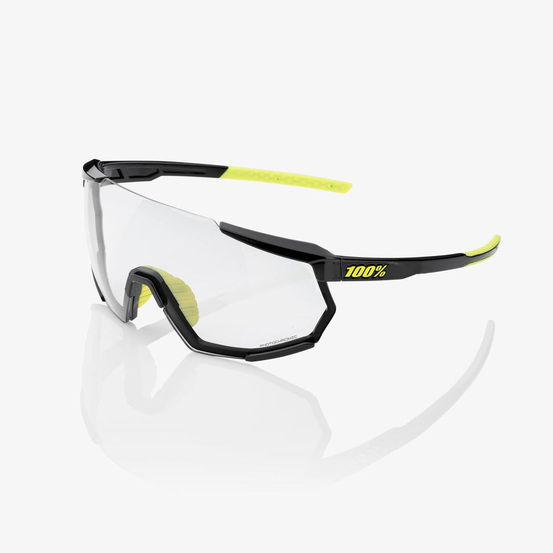 100% Racetrap 3.0 Gloss Black Sunglasses with Photochromic Lens providing adaptive light control UV protection and clear cycling vision