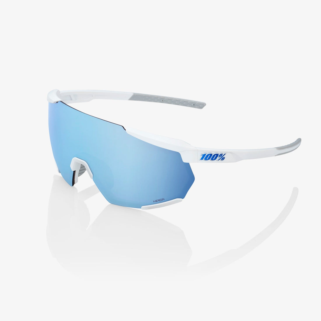 100% Racetrap 3.0 Matte White Sunglasses with HiPER Blue Multilayer Mirror Lens providing UV protection and enhanced contrast for cycling