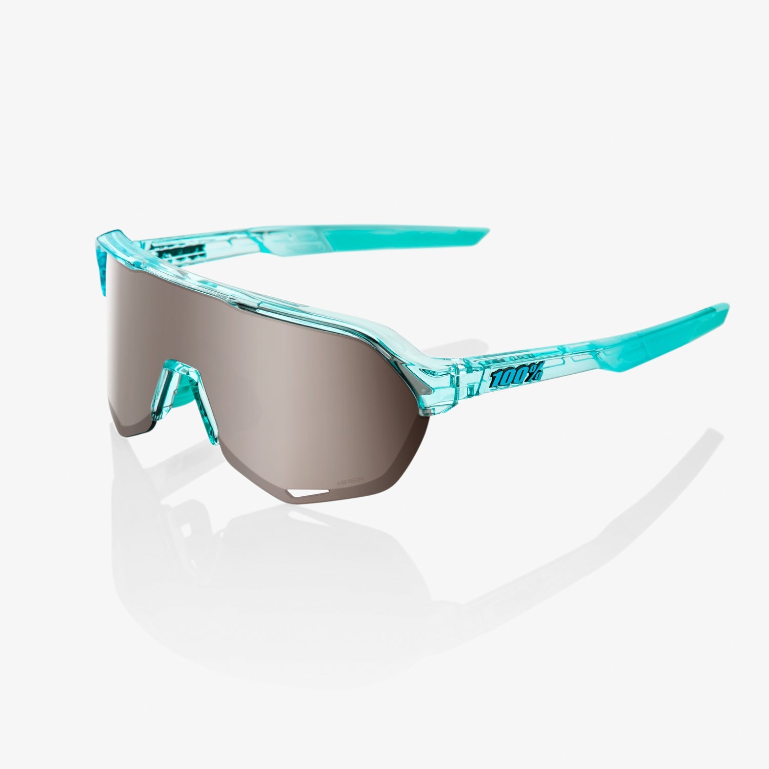 100% S2 Polished Translucent Mint Sunglasses with HiPER Silver Mirror Lens providing UV protection and clear vision for cycling performance