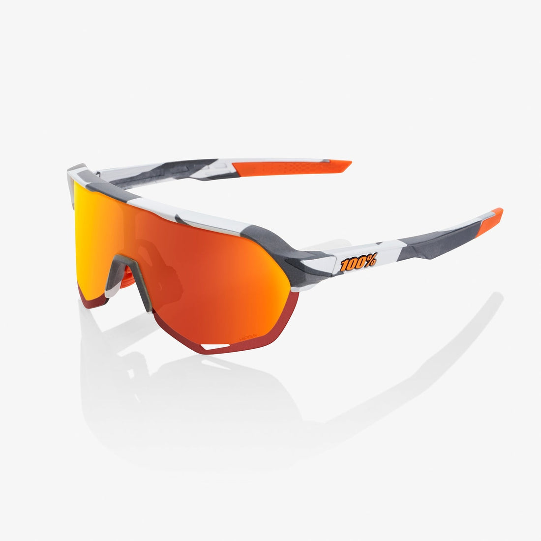 100% S2 Soft Tact Grey Camo Sunglasses with Red Multilayer Mirror Lens providing UV protection comfort and cycling performance
