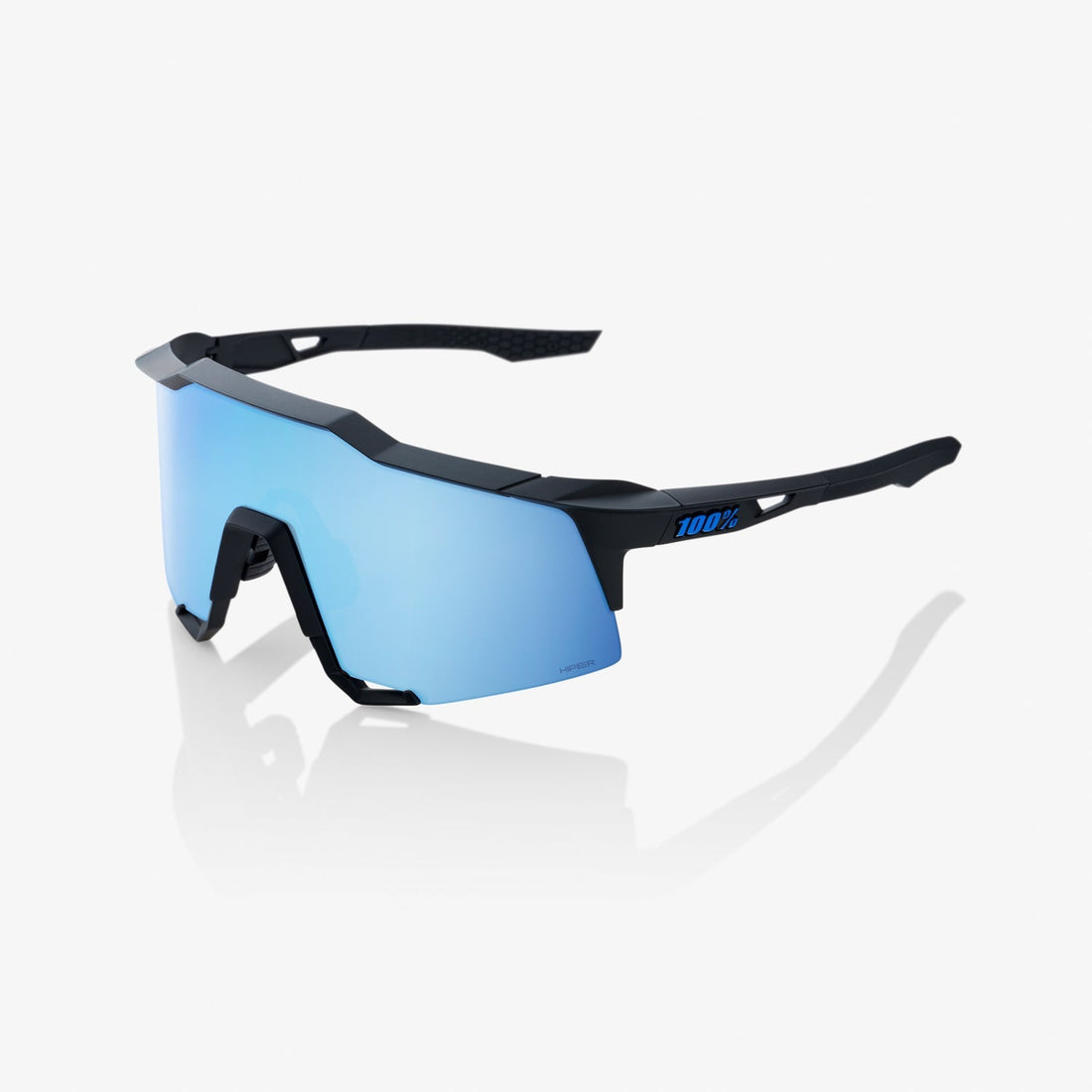 100% Speedcraft Matte Black Sunglasses with HiPER Blue Multilayer Mirror Lens offering UV protection and enhanced contrast for cycling