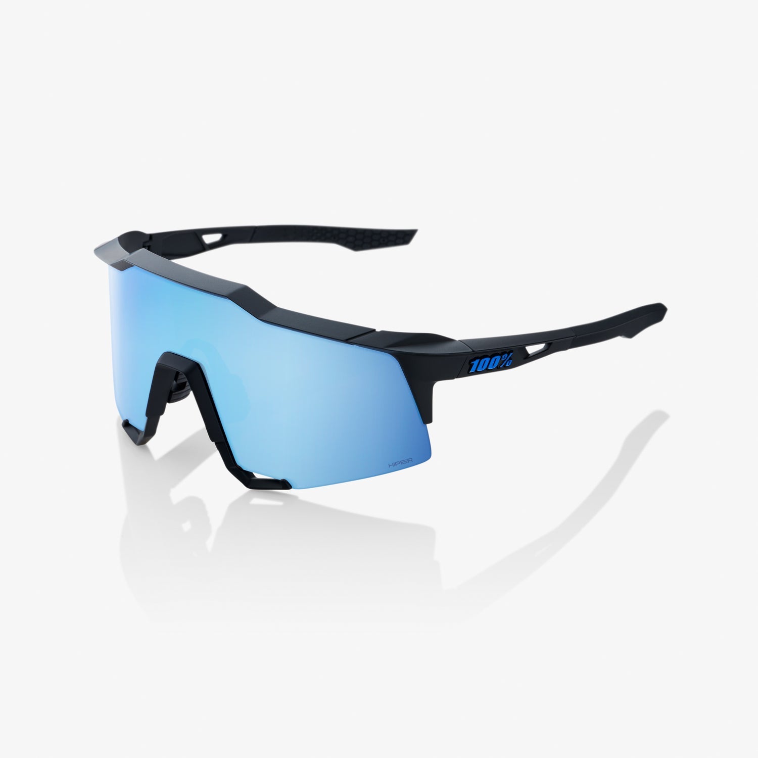 100% Speedcraft Matte Black Sunglasses with HiPER Blue Multilayer Mirror Lens offering UV protection and enhanced contrast for cycling