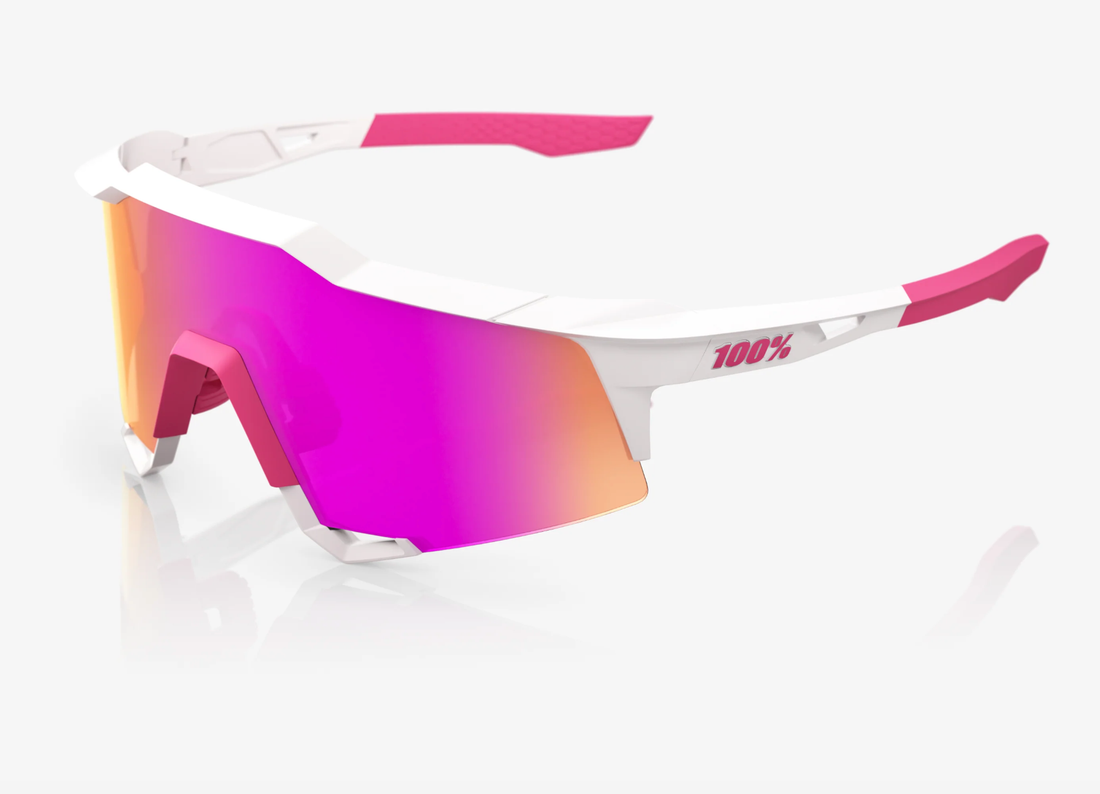 100% Speedcraft matte white pink sunglasses with HiPER vital pink mirror lens for cycling performance