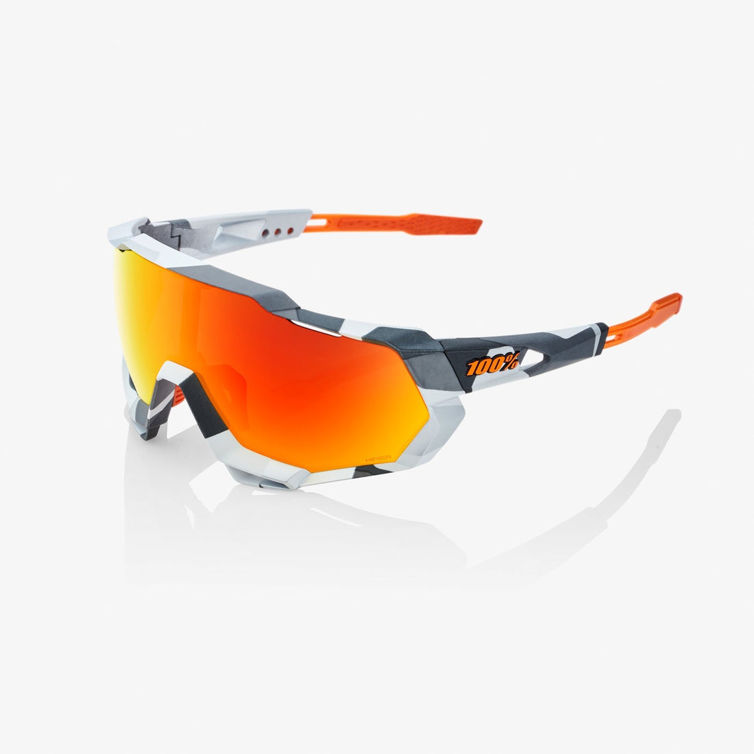 100% Speedtrap Soft Tact Grey Camo Sunglasses with HiPER Red Multilayer Mirror Lens providing UV protection and sharp vision
