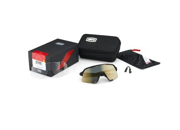 100% S3 matte black cycling sunglasses with blue mirror and clear interchangeable lenses for performance riding