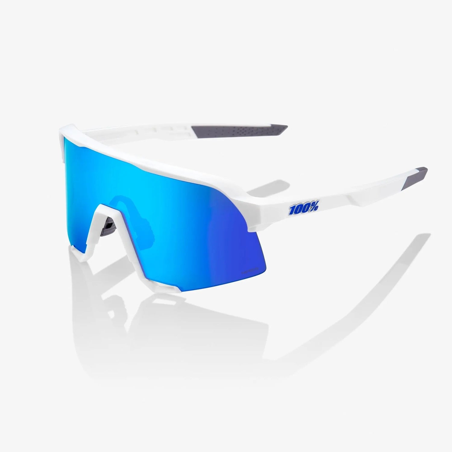 100% S3 Matte White cycling sunglasses with Blue Multilayer Mirror lens