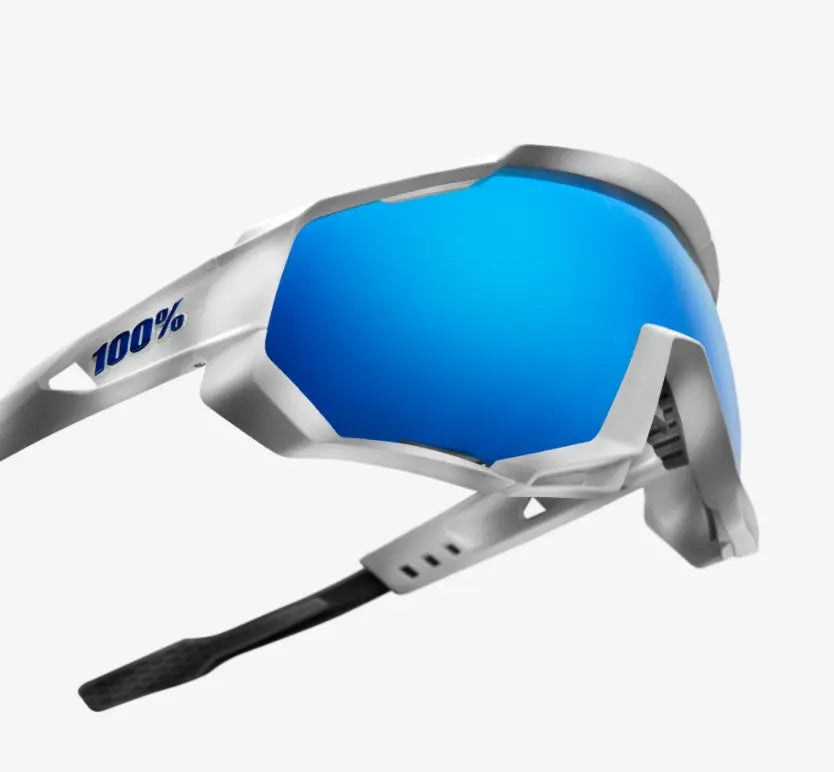 100% Speedtrap Matte White sunglasses HiPER Blue Multilayer Lens UV protective performance cycling eyewear