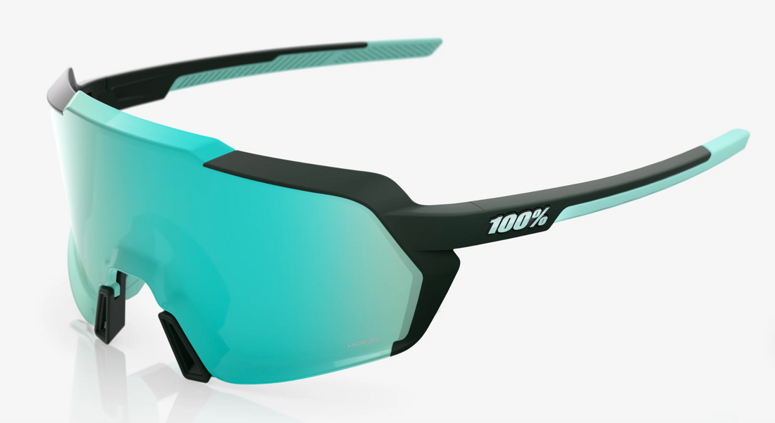“100% Korbin cycling sunglasses with HiPER Mint mirror lens – Soft Tact Juniper performance eyewear”