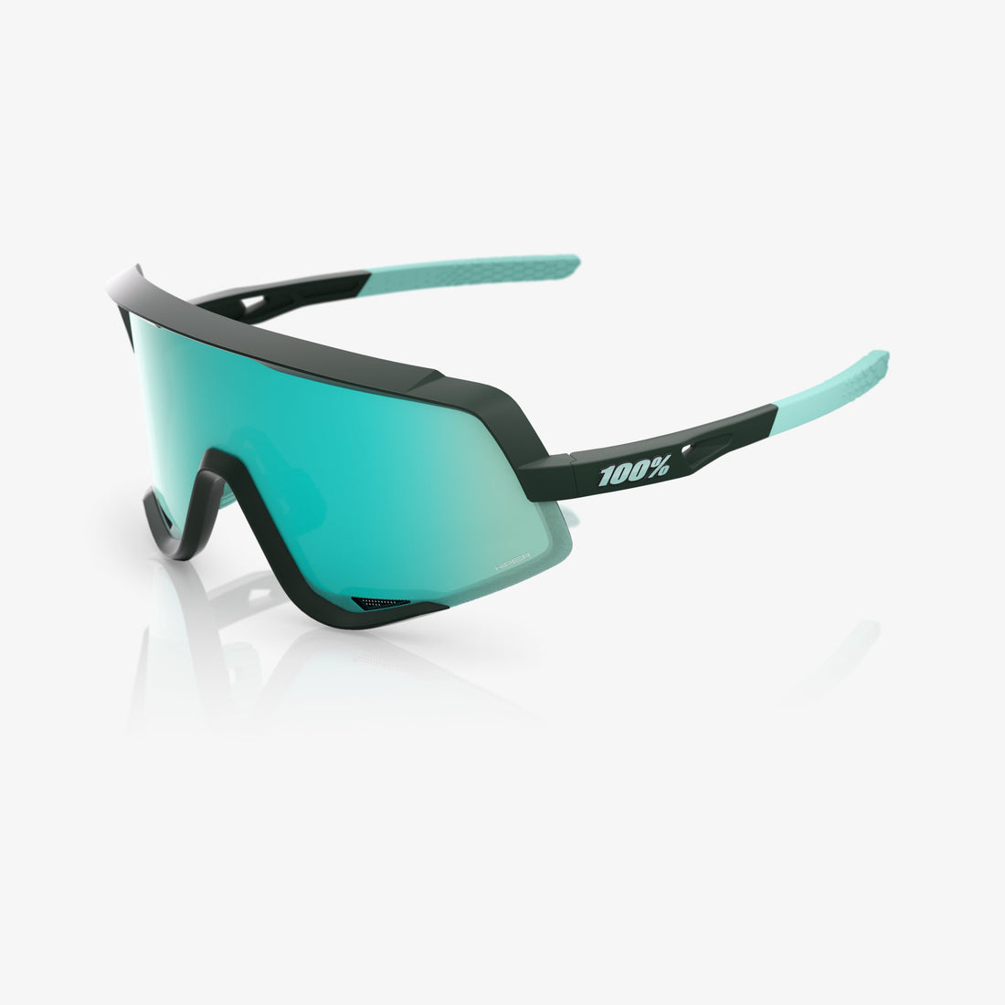 “100% Glendale cycling sunglasses with HiPER Mint mirror lens – Soft Tact Juniper frame eyewear”
