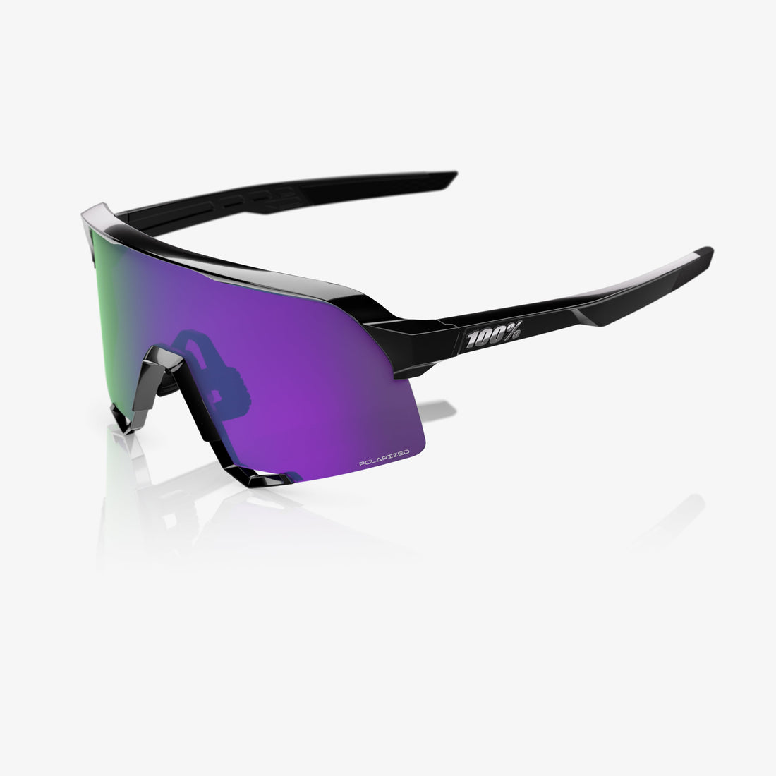 “100% S3 cycling sunglasses with HiPER polarized lavender mirror lens – polished black performance eyewear”
