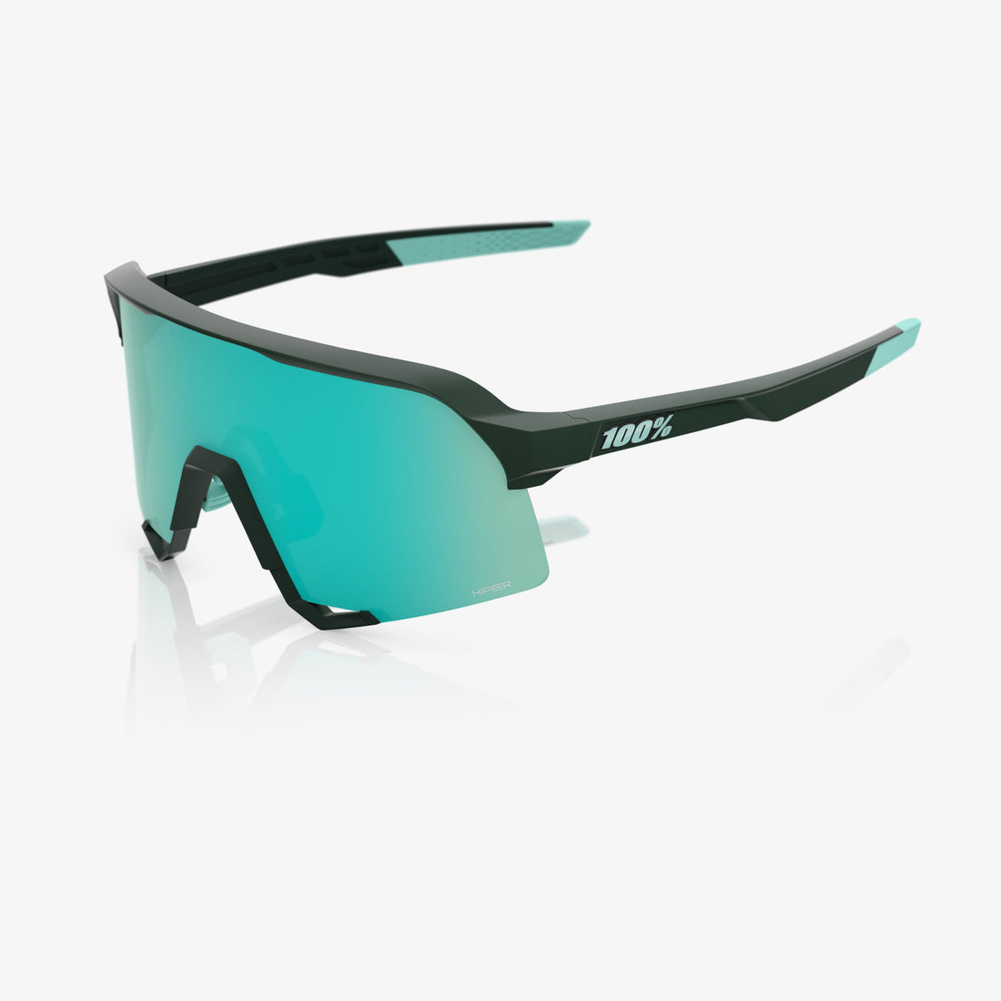“100% S3 cycling sunglasses with HiPER Mint mirror lens – Soft Tact Juniper performance eyewear”