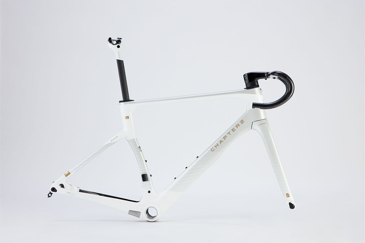 Chapter2 KOKO Aero Carbon Disc Brake Frameset in white and grey lightweight aerodynamic design for speed control and style