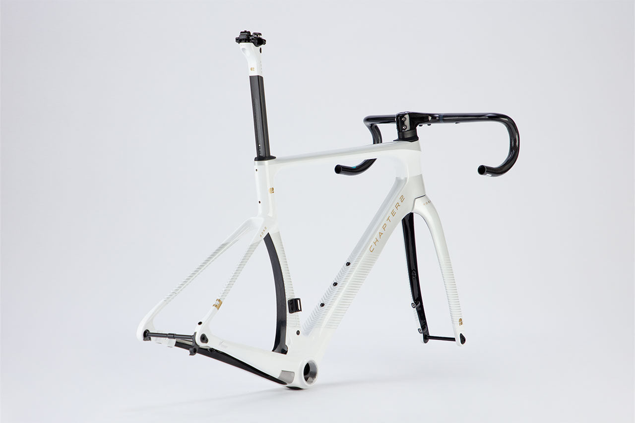 Chapter2 KOKO Aero Carbon Disc Brake Frameset in white and grey lightweight aerodynamic design for speed control and style