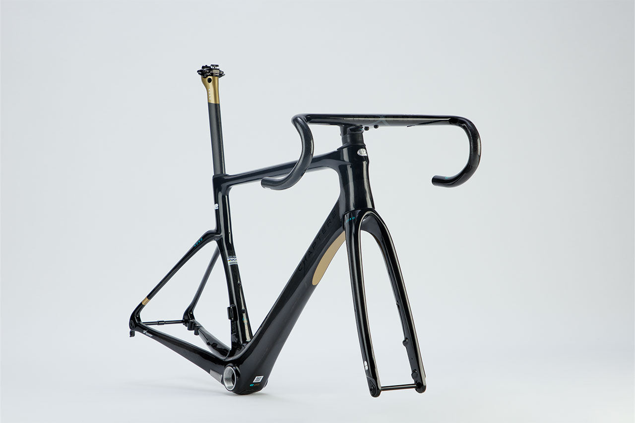 Chapter2 KOKO Aero Disc Brake Frameset in black and UD gold lightweight carbon frame designed for aerodynamic speed and precision