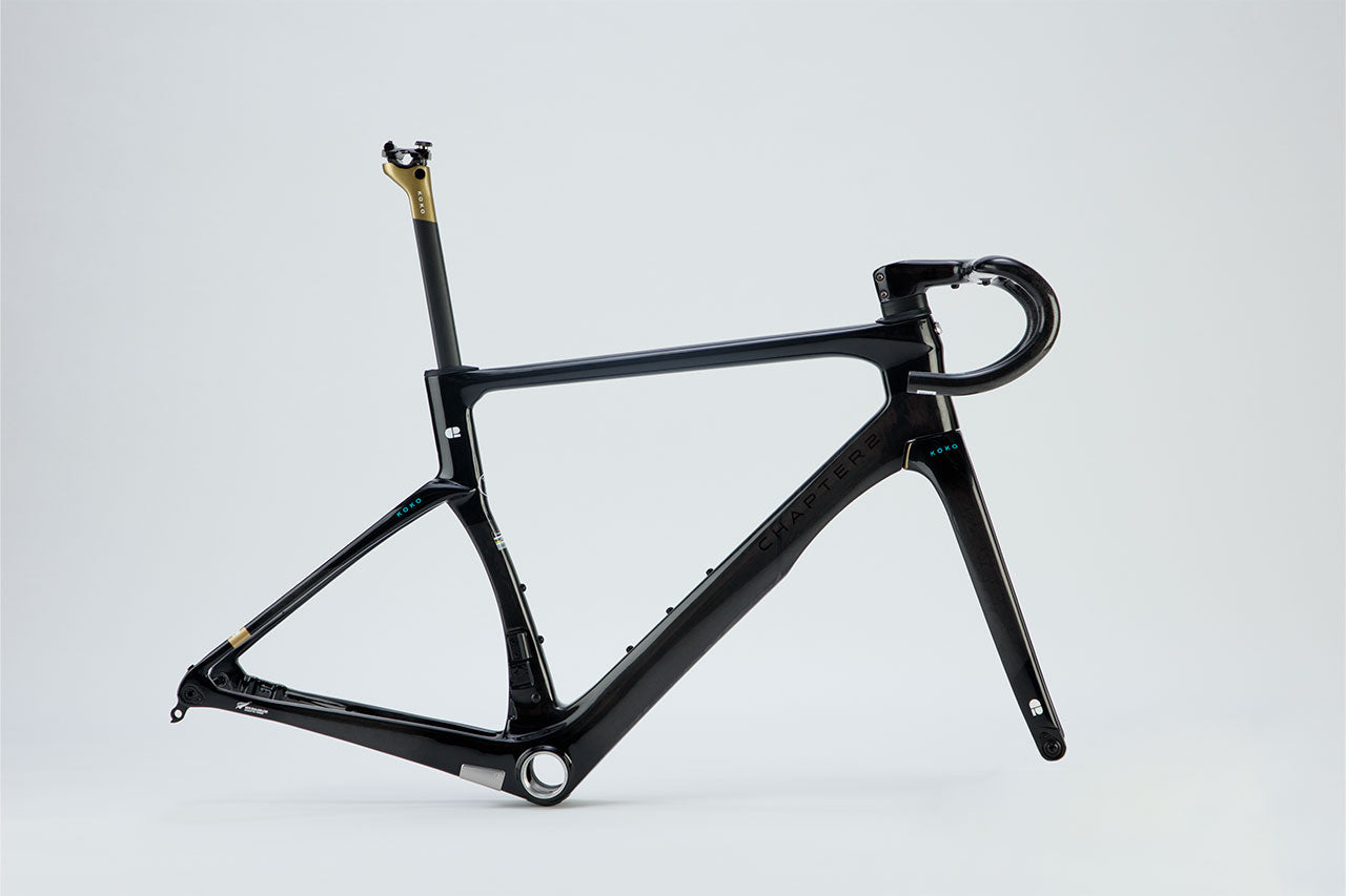 Chapter2 KOKO Aero Disc Brake Frameset in black and UD gold lightweight carbon frame designed for aerodynamic speed and precision