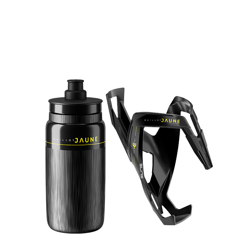 Elite Fly Tex 550ml yellow jersey edition water bottle with Custom Race Plus cage