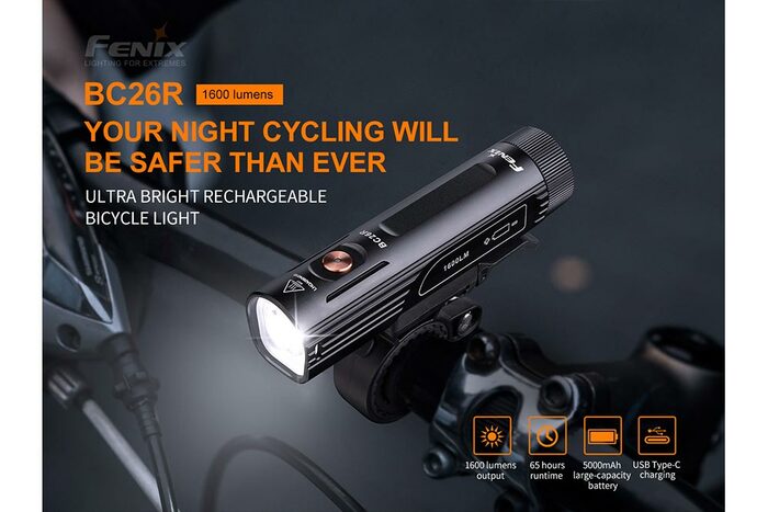 Fenix BC26R 1600 lumens rechargeable bike light with USB-C charging durable design for bright road and trail cycling