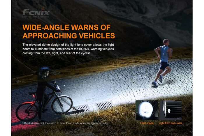 Fenix BC26R 1600 lumens rechargeable bike light with USB-C charging durable design for bright road and trail cycling